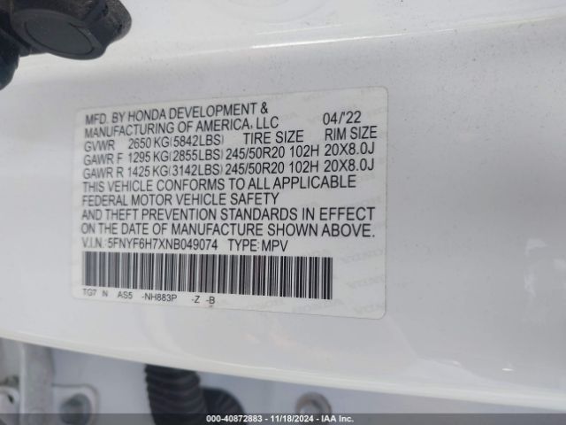 2022 HONDA PILOT 5FNYF6H7XNB049074 Photo 8