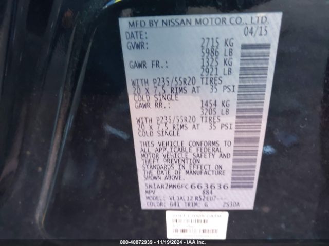 5N1AR2MN6FC663636 Nissan Pathfinder Platinum/s/sl/sv