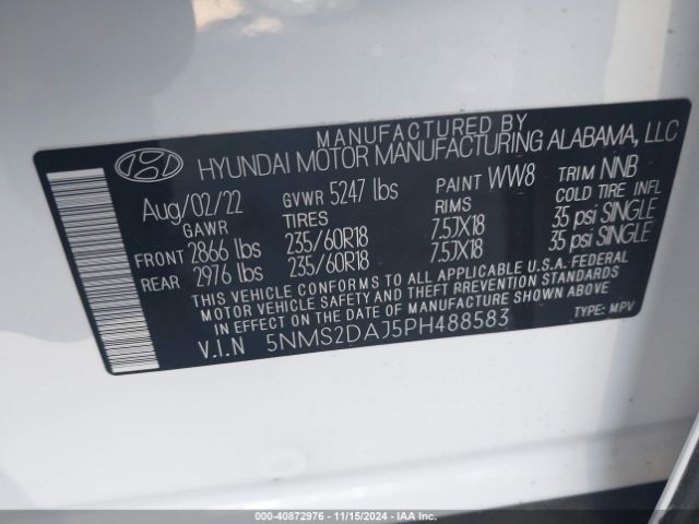 5NMS2DAJ5PH488583 Hyundai Santa Fe Sel