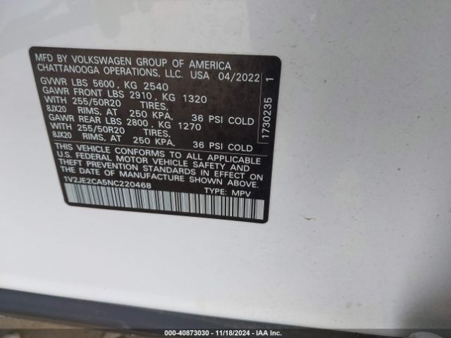 1V2JE2CA5NC220468 Volkswagen Atlas Cross Sport 3.6l V6 Se W/technology