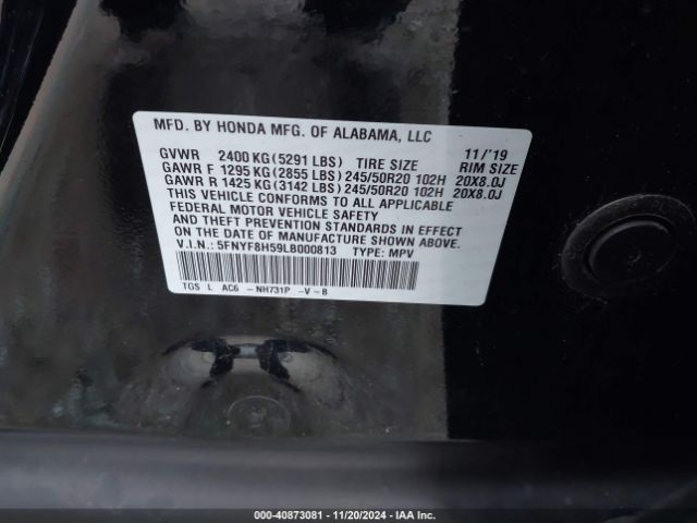 5FNYF8H59LB000813 Honda Passport Awd Ex-l