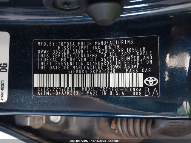 Toyota COROLLA LE 2019 5YFBURHE9KP936838 Image 9