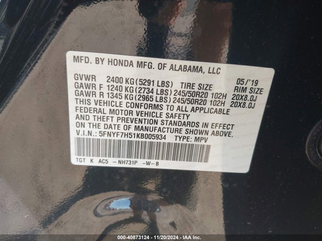 Honda Passport Ex-l 2019 5FNYF7H51KB005934 Image 9