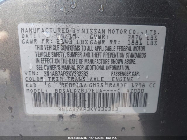 Nissan SENTRA SV 2019 3N1AB7AP3KY332383 Image 9