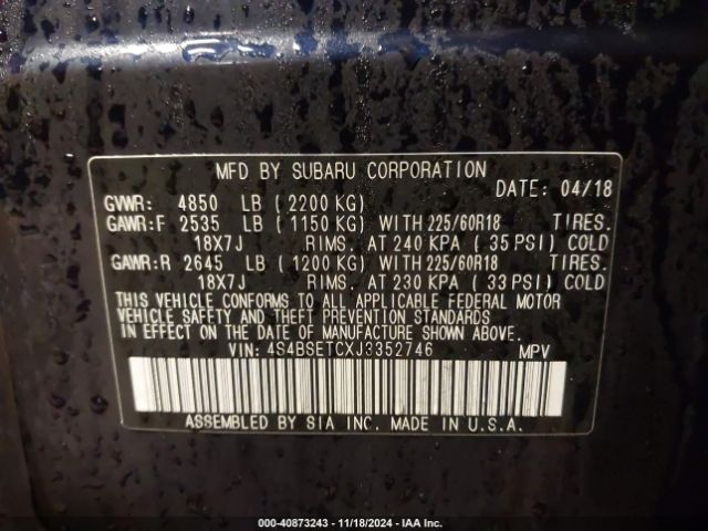 4S4BSETCXJ3352746 Subaru Outback 3.6r Touring