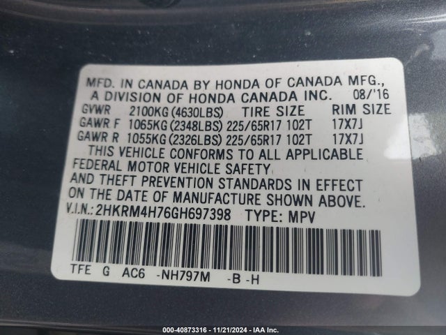 Honda Cr-v Ex-l 2016 2HKRM4H76GH697398 Image 9