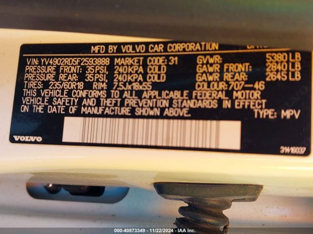 YV4902RD5F2593888 Volvo Xc60 T6 Platinum