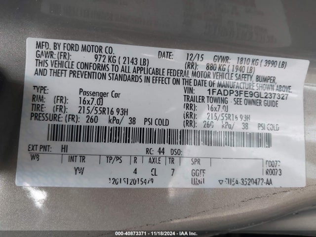 Ford FOCUS SE 2016 1FADP3FE9GL237327 Image 9