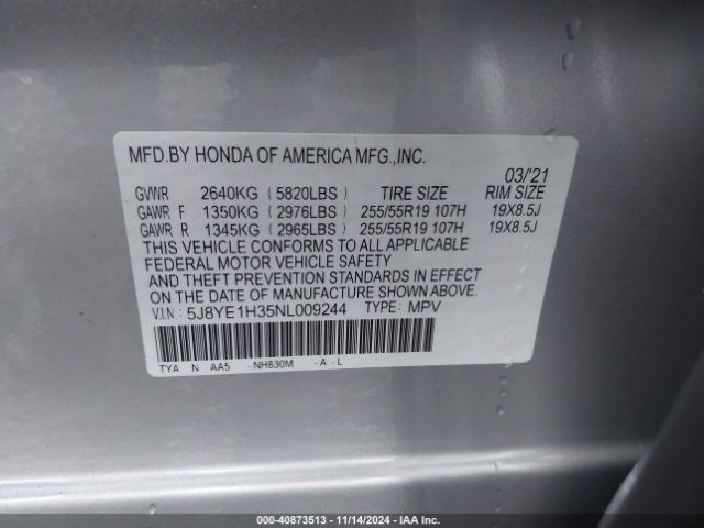 5J8YE1H35NL009244 Acura Mdx Standard
