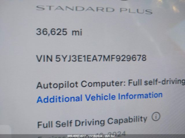 5YJ3E1EA7MF929678 Tesla Model 3 Standard Range Plus Rear-wheel Drive