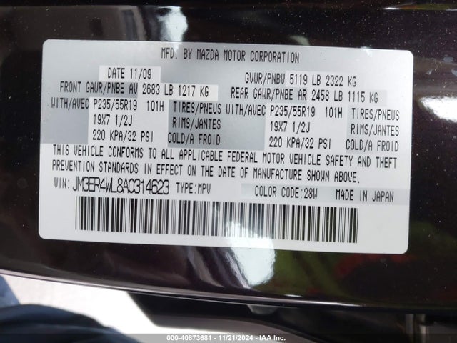 40873681 :رقم المزاد ، JM3ER4WL8A0314623 vin ، 2010 Mazda Cx-7 S Grand Touring مزاد بيع