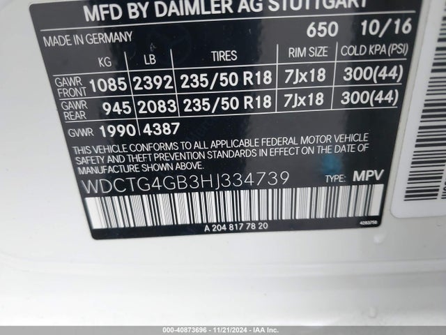 WDCTG4GB3HJ334739 Mercedes-Benz GLA 250 4M
