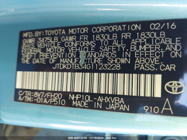 JTDKDTB34G1123228 Toyota Prius C One