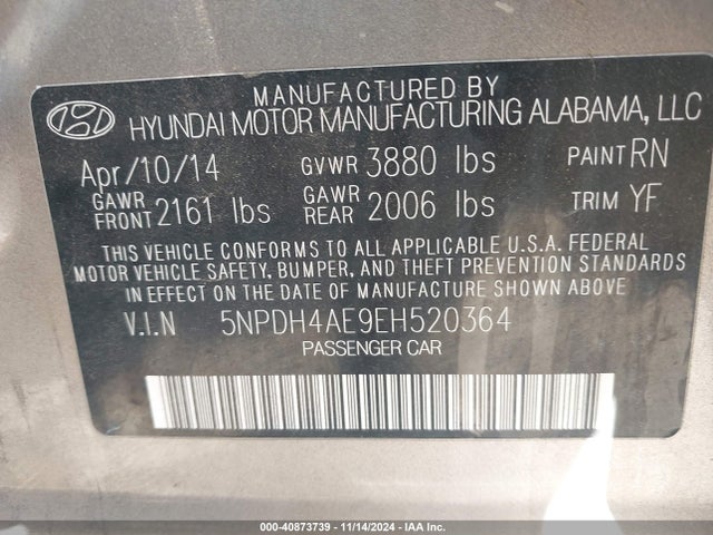 Hyundai ELANTRA SE 2014 5NPDH4AE9EH520364 Image 9