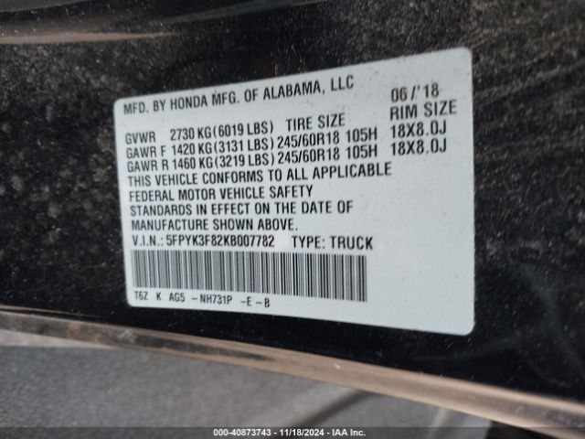 5FPYK3F82KB007782 Honda Ridgeline Black Edition
