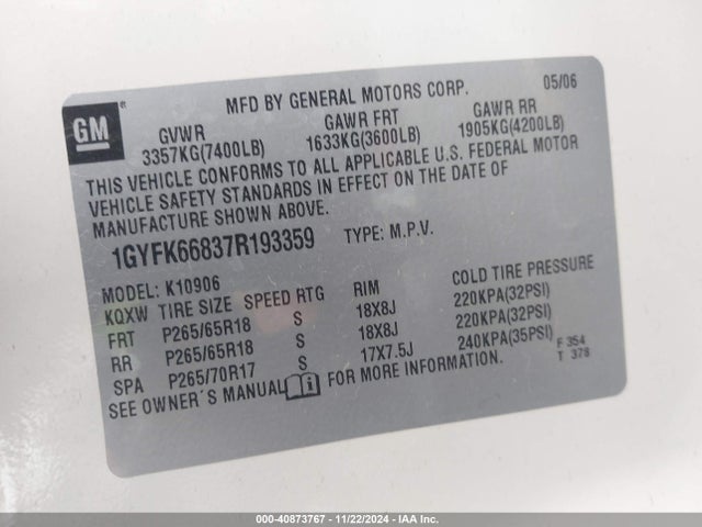 2007 CADILLAC ESCALADE ESV 1GYFK66837R193359 Photo 8