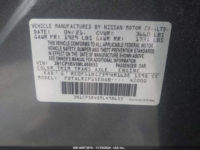 3N1CP5BV8ML498653 Nissan Kicks S Xtronic Cvt