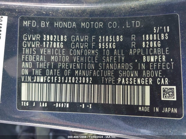 Honda Civic Ex-t 2018 JHMFC1F31JX023092 Image 9