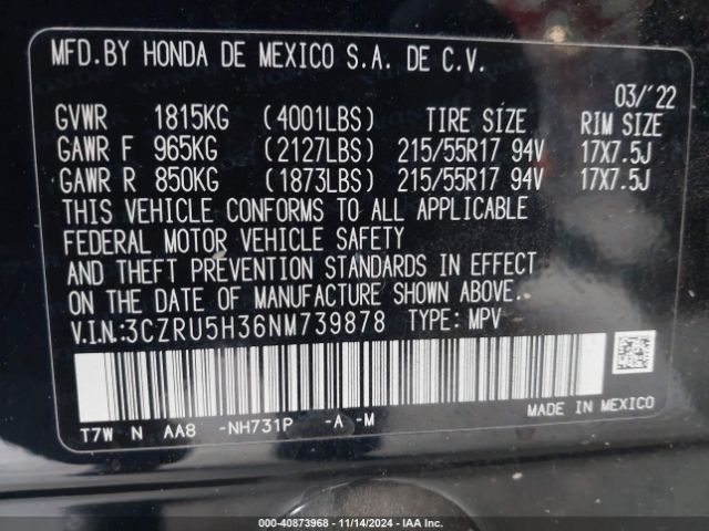 3CZRU5H36NM739878 Honda Hr-v 2wd Lx
