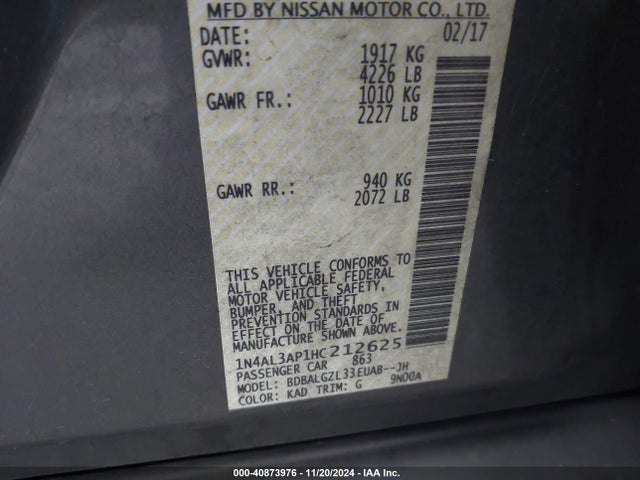 Nissan Altima 2.5 S 2017 1N4AL3AP1HC212625 Image 9
