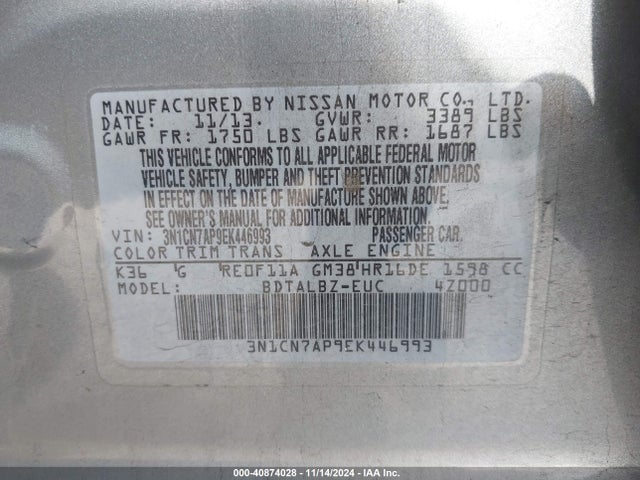 Nissan Versa 1.6 Sv 2014 3N1CN7AP9EK446993 Image 9