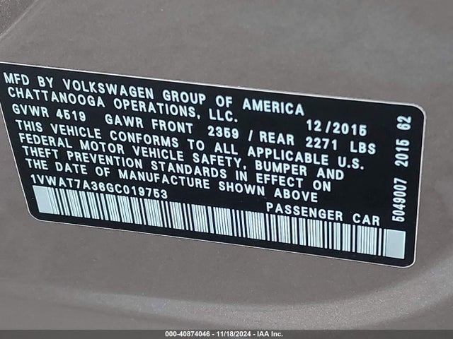 1VWAT7A36GC019753 Volkswagen Passat 1.8t S