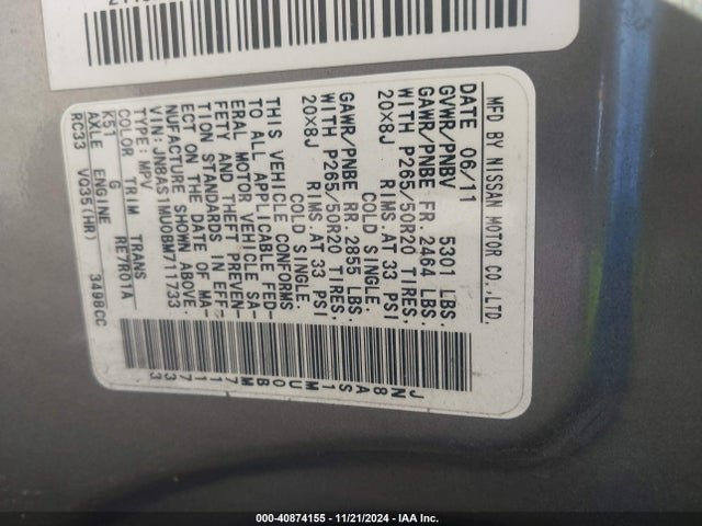 Продаж на аукціоні авто 2011 Infiniti Fx35, vin: JN8AS1MU0BM711733, номер лоту: 40874155