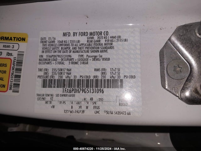 Ford FUSION SE 2016 1FA6P0H79G5131096 Image 9