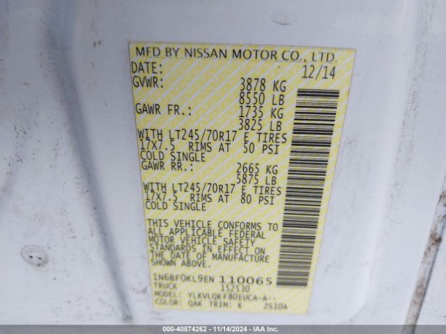 1N6BF0KL9EN110065 Nissan Nv Cargo Nv1500 S V6