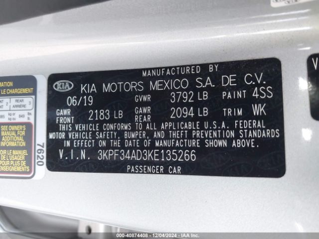 3KPF34AD3KE135266 KIA FORTE S