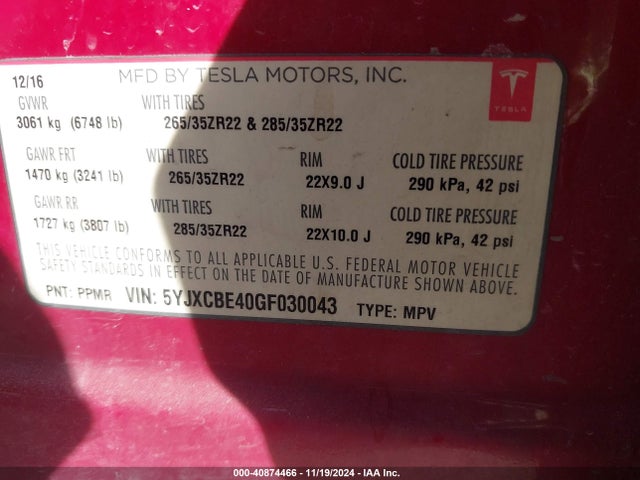 2016 TESLA MODEL X 5YJXCBE40GF030043 Photo 8