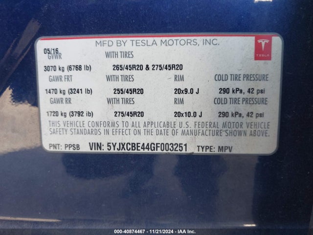 2016 TESLA MODEL X 5YJXCBE44GF003251 Photo 8