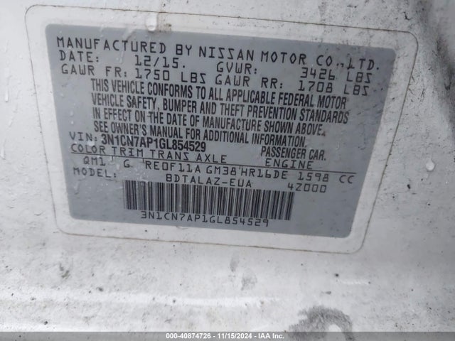 Nissan Versa 1.6 S+ 2016 3N1CN7AP1GL854529 Image 9