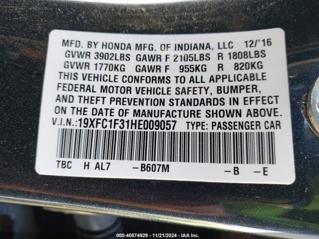 Honda Civic Ex-t 2017 19XFC1F31HE009057 Image 9