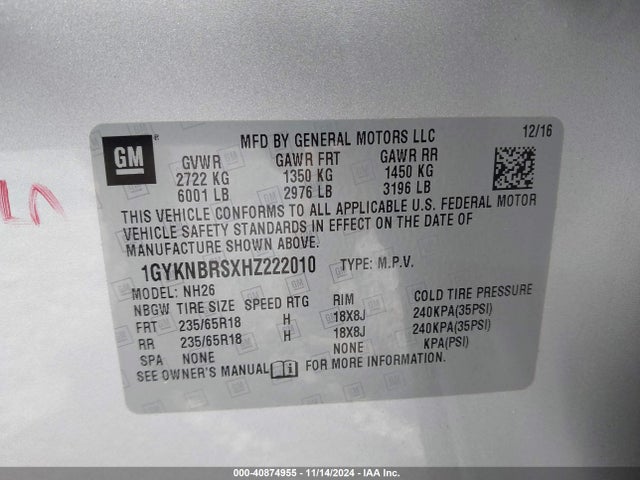 1GYKNBRSXHZ222010 Cadillac XT5 LUXURY