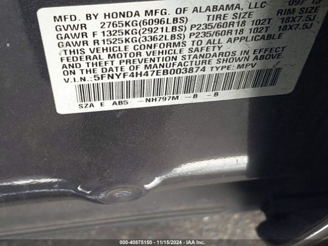 5FNYF4H47EB003874 Honda Pilot Ex