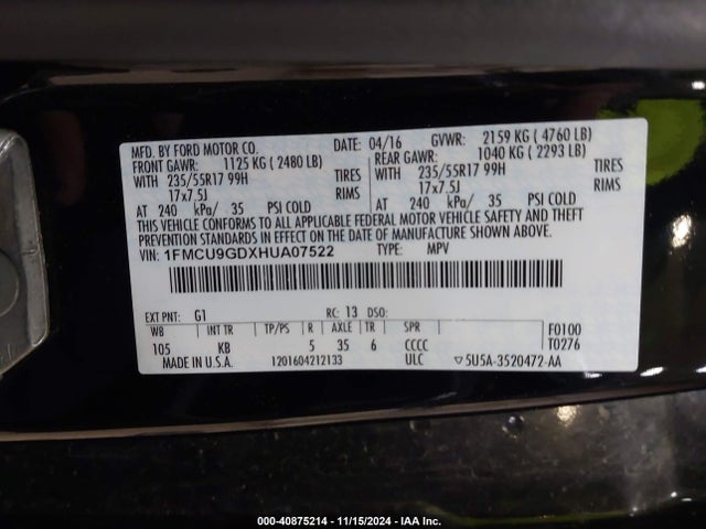 1FMCU9GDXHUA07522 Ford ESCAPE SE