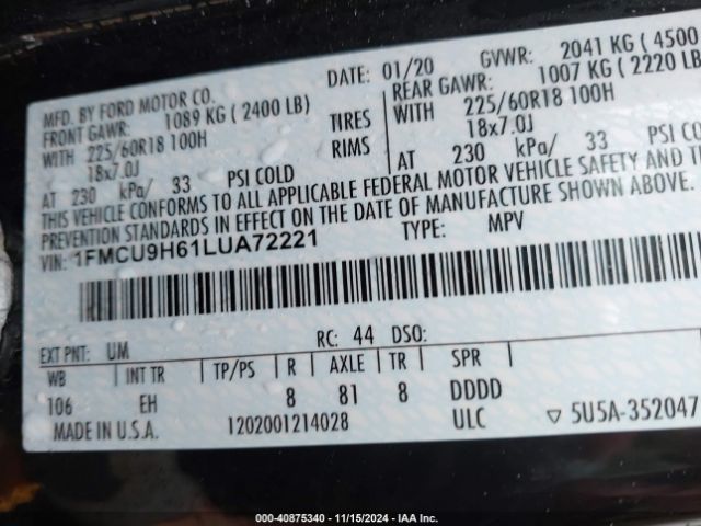 2020 FORD ESCAPE 1FMCU9H61LUA72221 Photo 8