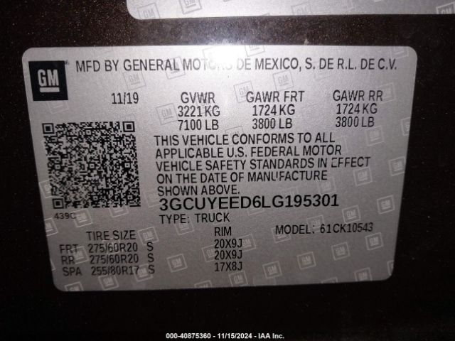3GCUYEED6LG195301 Chevrolet Silverado 1500 4wd  Short Bed Rst