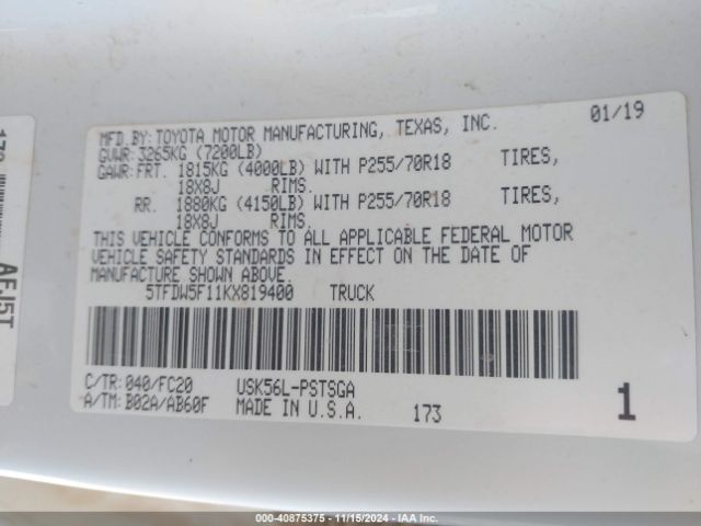 5TFDW5F11KX819400 Toyota Tundra Sr5 5.7l V8