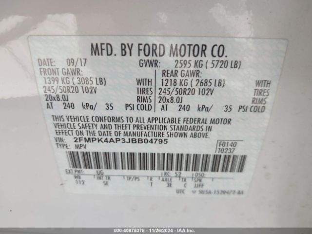 2FMPK4AP3JBB04795 Ford EDGE SPORT