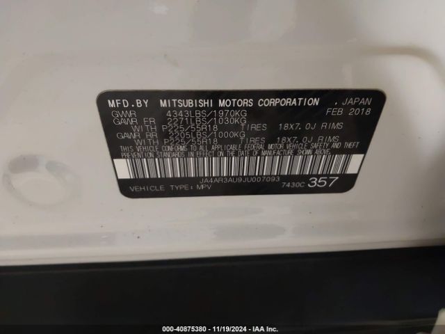 JA4AR3AU9JU007093 Mitsubishi Outlander Sport 2.0 Le