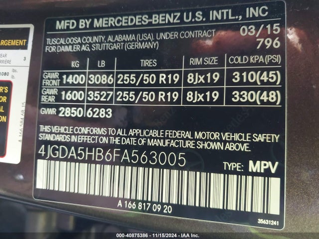 4JGDA5HB6FA563005 Mercedes-Benz Ml 350 4matic