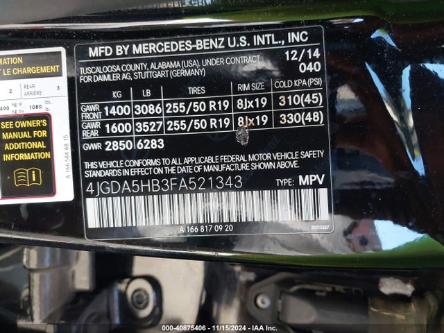 4JGDA5HB3FA521343 Mercedes-Benz Ml 350 4matic
