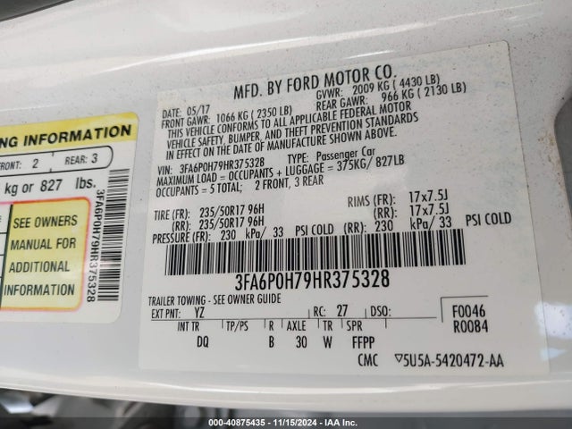 Ford FUSION SE 2017 3FA6P0H79HR375328 Image 9