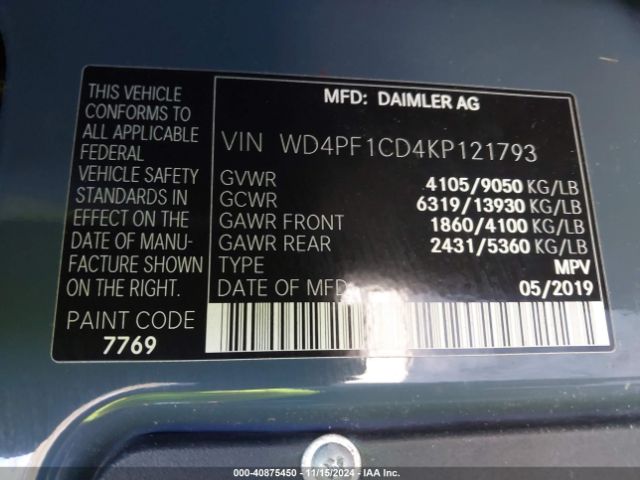 WD4PF1CD4KP121793 Mercedes-Benz Sprinter 2500 High Roof V6