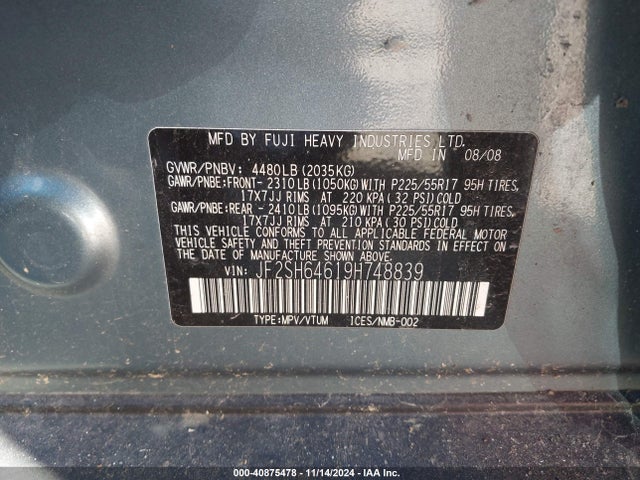 Продажа на аукционе авто 2009 Subaru Forester (natl) X Limited, vin: JF2SH64619H748839, номер лота: 40875478
