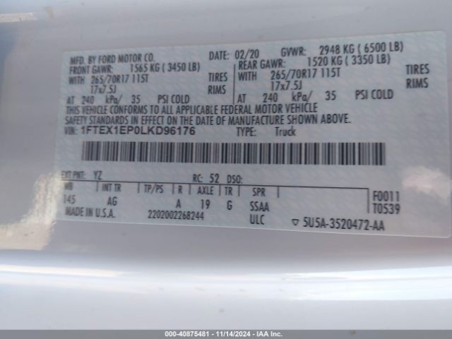 1FTEX1EP0LKD96176 Ford F-150 Xl