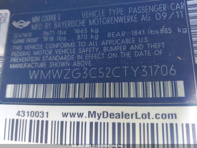 2012 MINI COOPER S CLUBMAN WMWZG3C52CTY31706 Photo 8