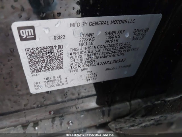 1GKKNRL47NZ138347 GMC Acadia Awd Sle